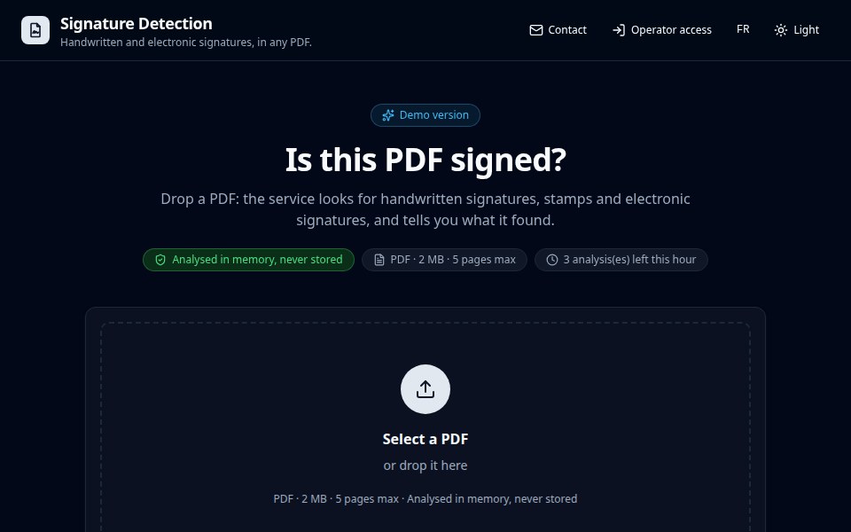Signature Detection: drop a PDF to find handwritten, stamped and electronic signatures